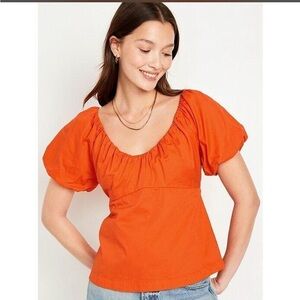 Women's Puff Sleeve Scoop Neck Top - Orange